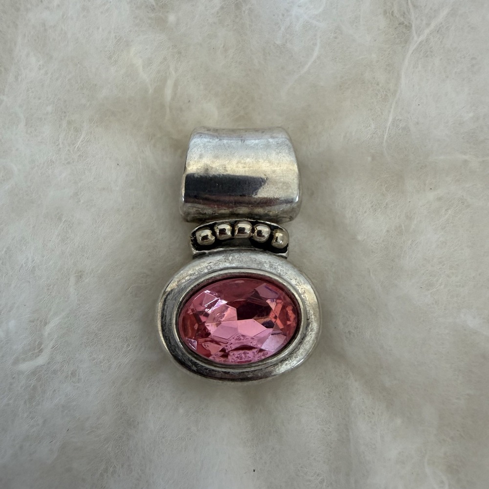Vintage Sterling Silver Pink CZ Slide‎ Pendant Enhancer Large Oval
